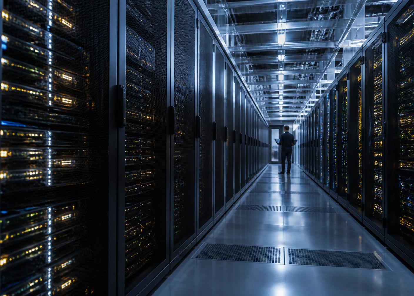 Illuminated server racks in a modern data center corridor