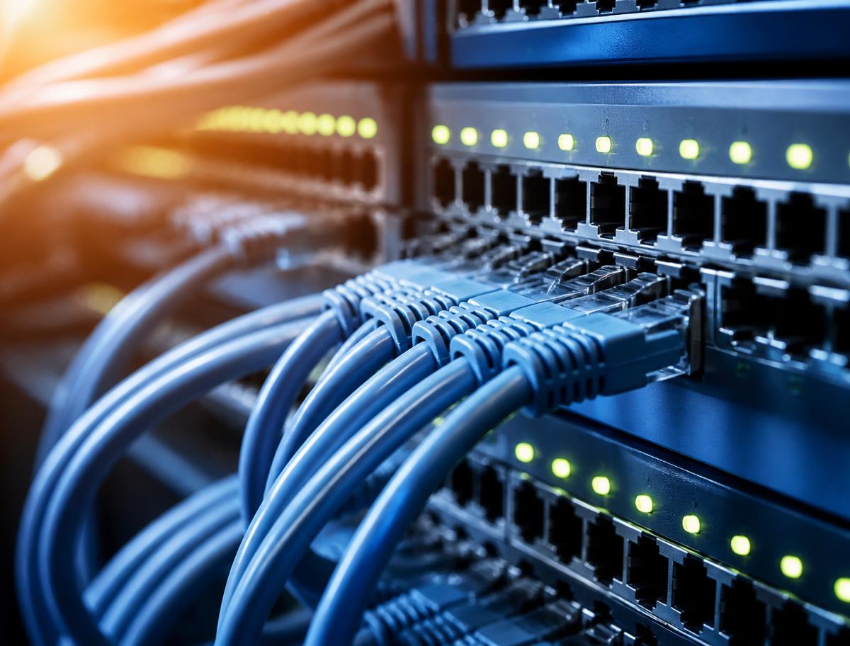 Detailed view of neatly organized network cabling and switch ports